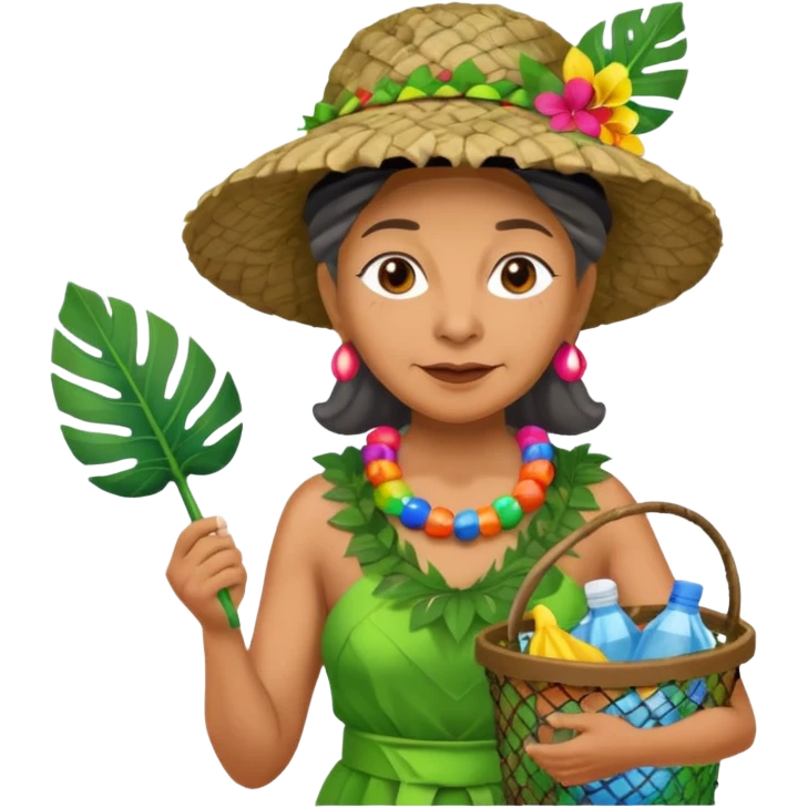 Hawaiian old woman with leaf hat and big trash net and colorful cloth emoji