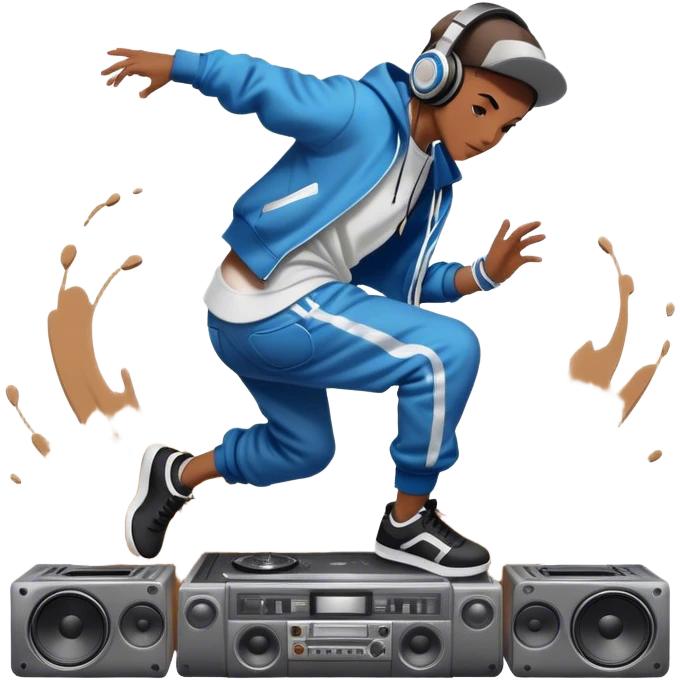 Icon for Street Dance: a dancer in urban streetwear performing a dynamic lower breakdance move, with a spray-painted background, headphones, and a boombox on the asphalt. The icon should capture the energy, style, and creativity of street dance culture. Transparent background. emoji