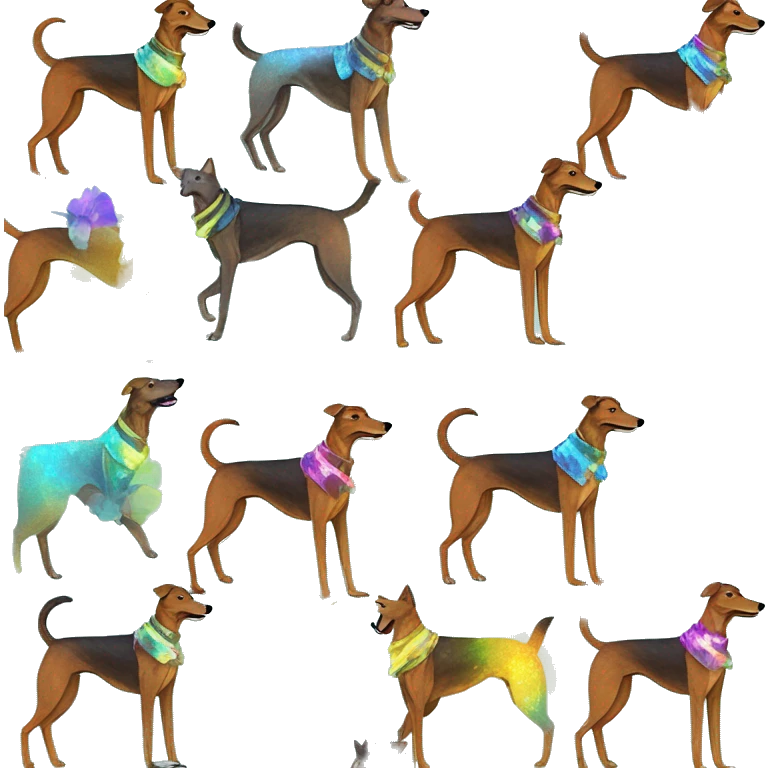  brindle brown black maroon gold lurcher Alsatian fox running blue eyes and iridescent holographic oilslick harness wearing paper iridescent tropical flower crown yellow caution tape emoji