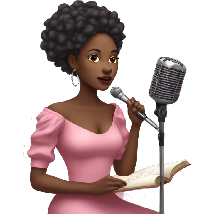 Beautiful Black woman doing poetry with mic pink dress  emoji