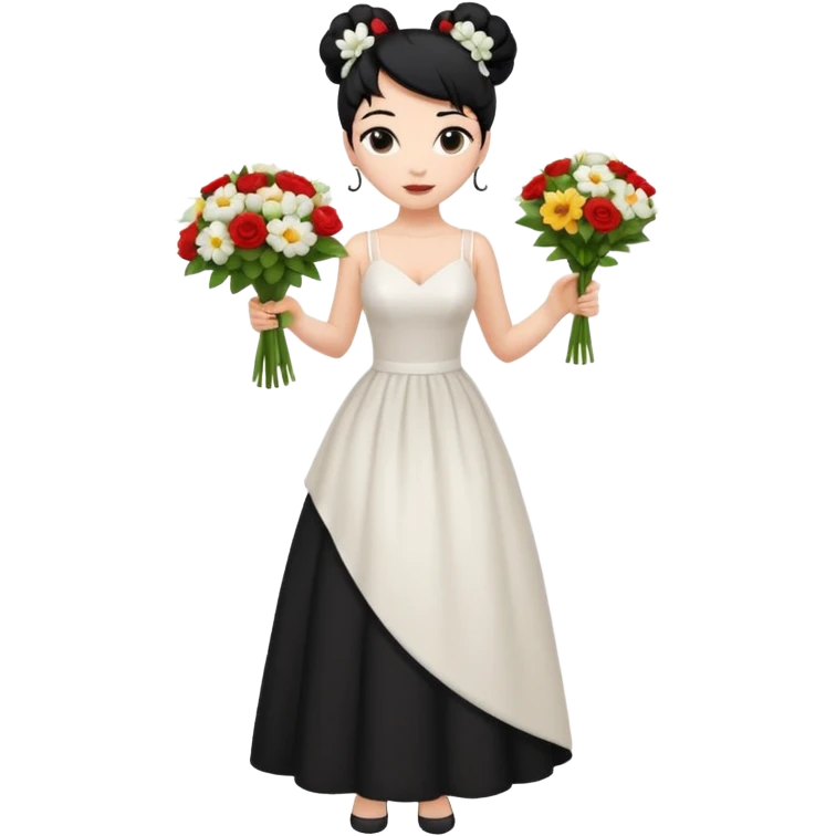 Chica blanca,cuerpo entero, vestido boda asimétrico tirantes , pelo negro,   1 ramo de flores , pelo recogido en moño alto emoji