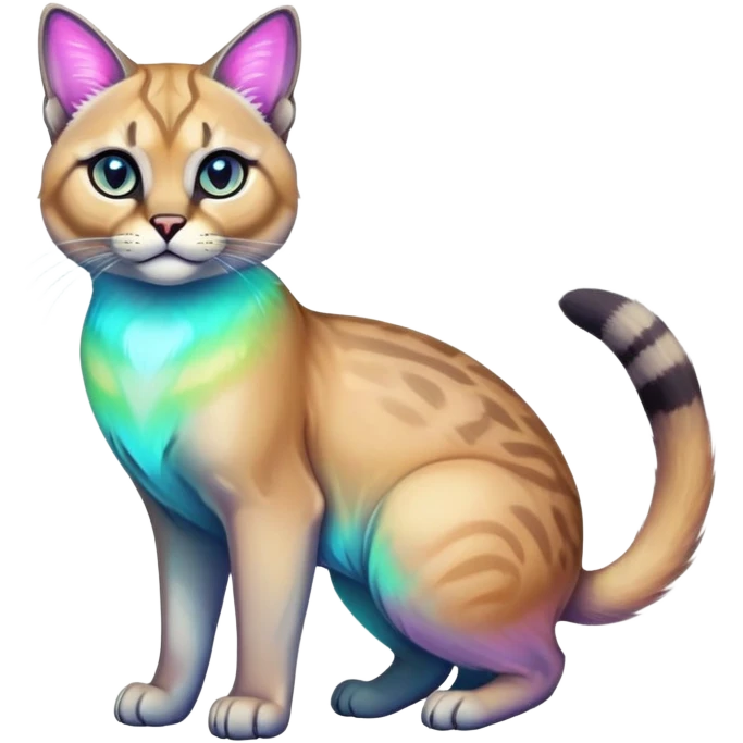 Colorful Neon exotic iridescent tropical shiny Fantasy-Siamese-Bobcat-Caracal-Scottish-Fold-feline-Fakémon-feline-hybrid (full body) emoji