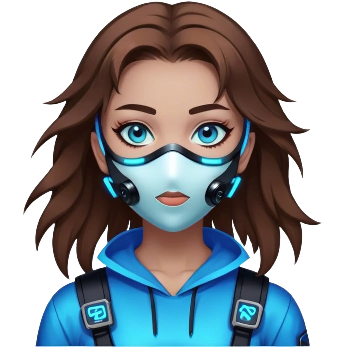 neon cyberpunk style 
girl with brown hair and blue eyes wearing a mask emoji