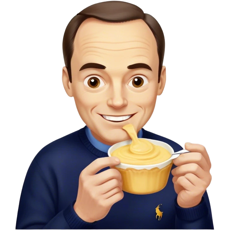 middle aged white man with massive forehead, big thick dark eyebrows, receading hairline and dark combover wearing navy blue ralph lauren jumper and eating millions of custard cremes. bit twinky and also a tory. mischevious grin emoji