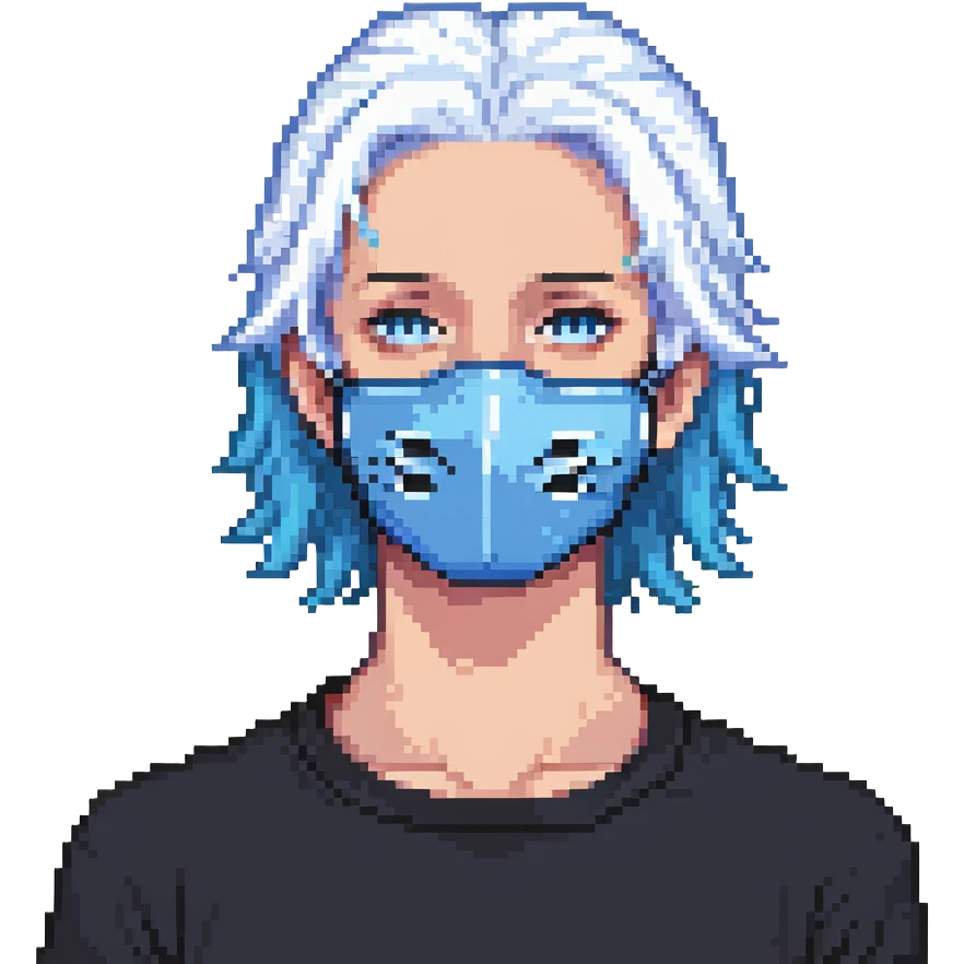 teenager wearing a blue mask and white hair emoji