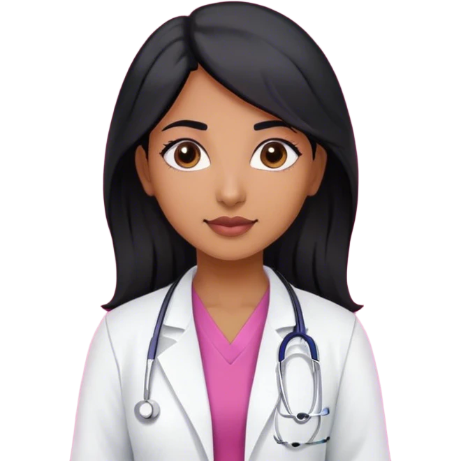 A indian female doctor with black hair wearing white lab coat over dark pink scrubs  emoji