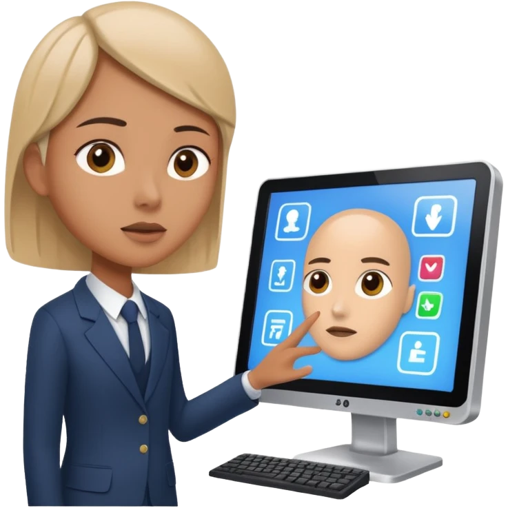 human is using some complicated system, in front of the monitor, asking someting to the monitor by natural language
the monitor, ai agent is inside, answering in also natural langague  emoji