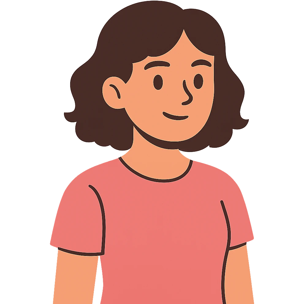 flat-toon style young brunette woman with short wavy hair to shoulders, wearing a pink t-shirt emoji