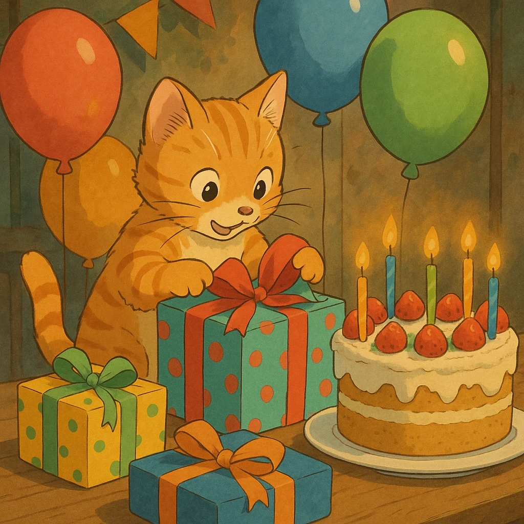 ginger tabby kitten opening presents, birthday party scene with balloons and cake, ghibli style emoji
