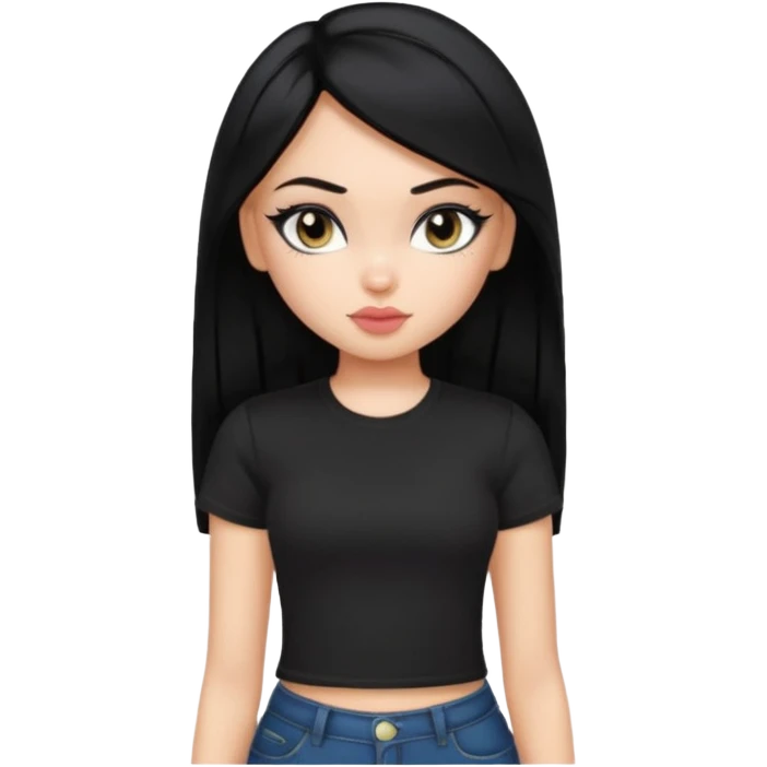 a pretty bratz girl with straight black hair wearing a black tshirt, eyeliner, side part. waist up emoji