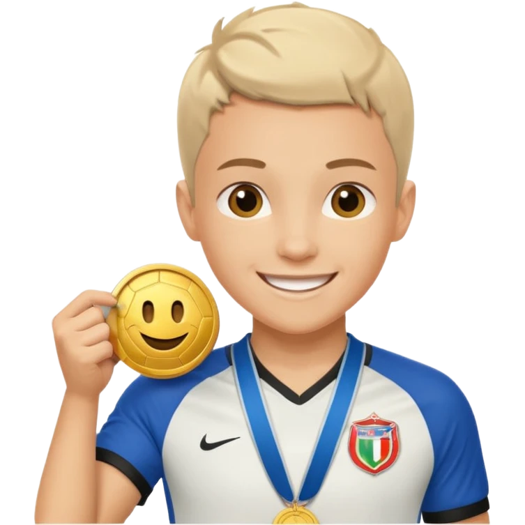 Happy light soccer player with a first-place medal
 emoji
