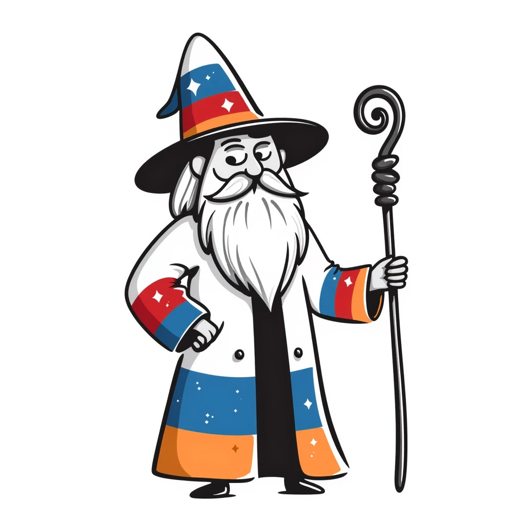 Hand-drawn wizard with beard and Armenian flag colors (red, blue, orange) on robe and hat emoji