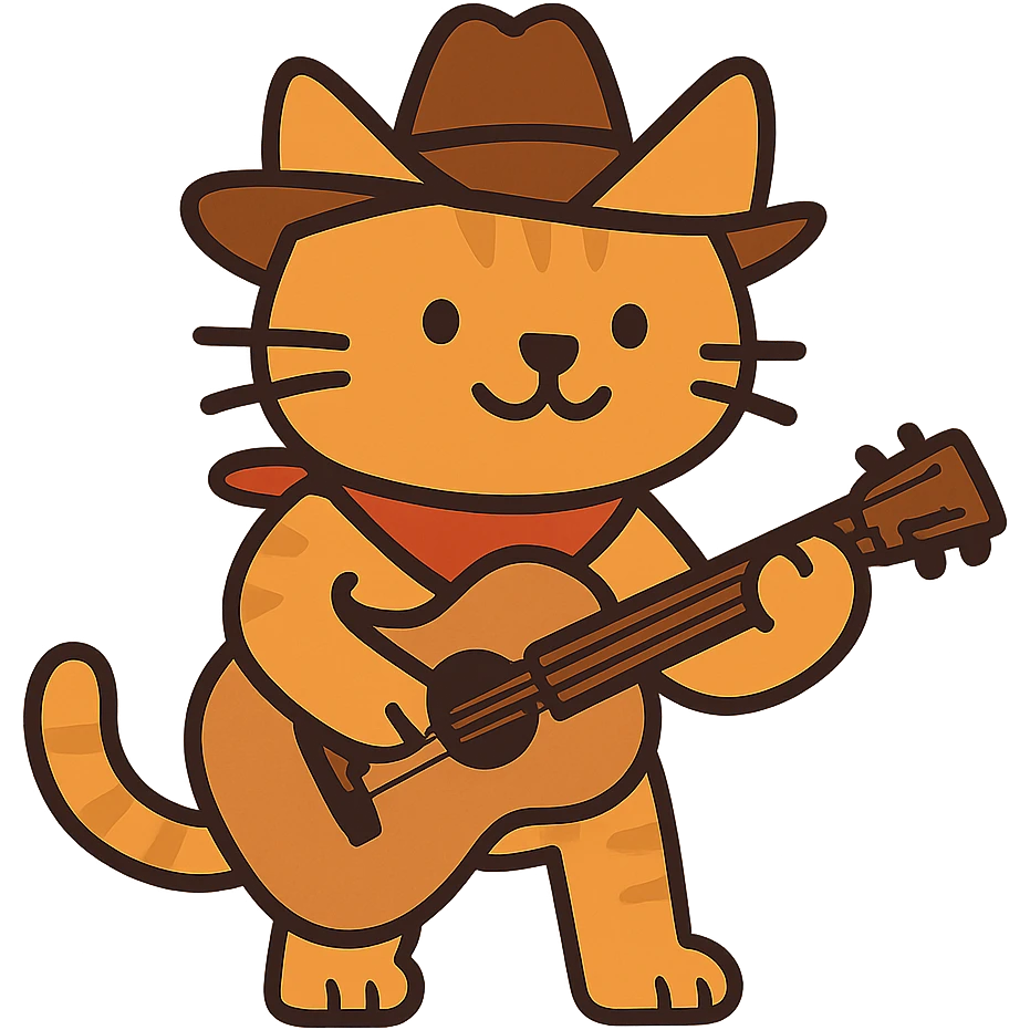 flat toon orange cowboy cat strumming an acoustic guitar  emoji