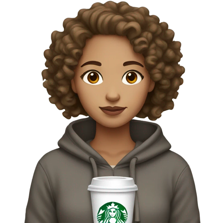 Light skin girl with gray hoodie, brown, curly hair, brown eyes with Starbucks emoji