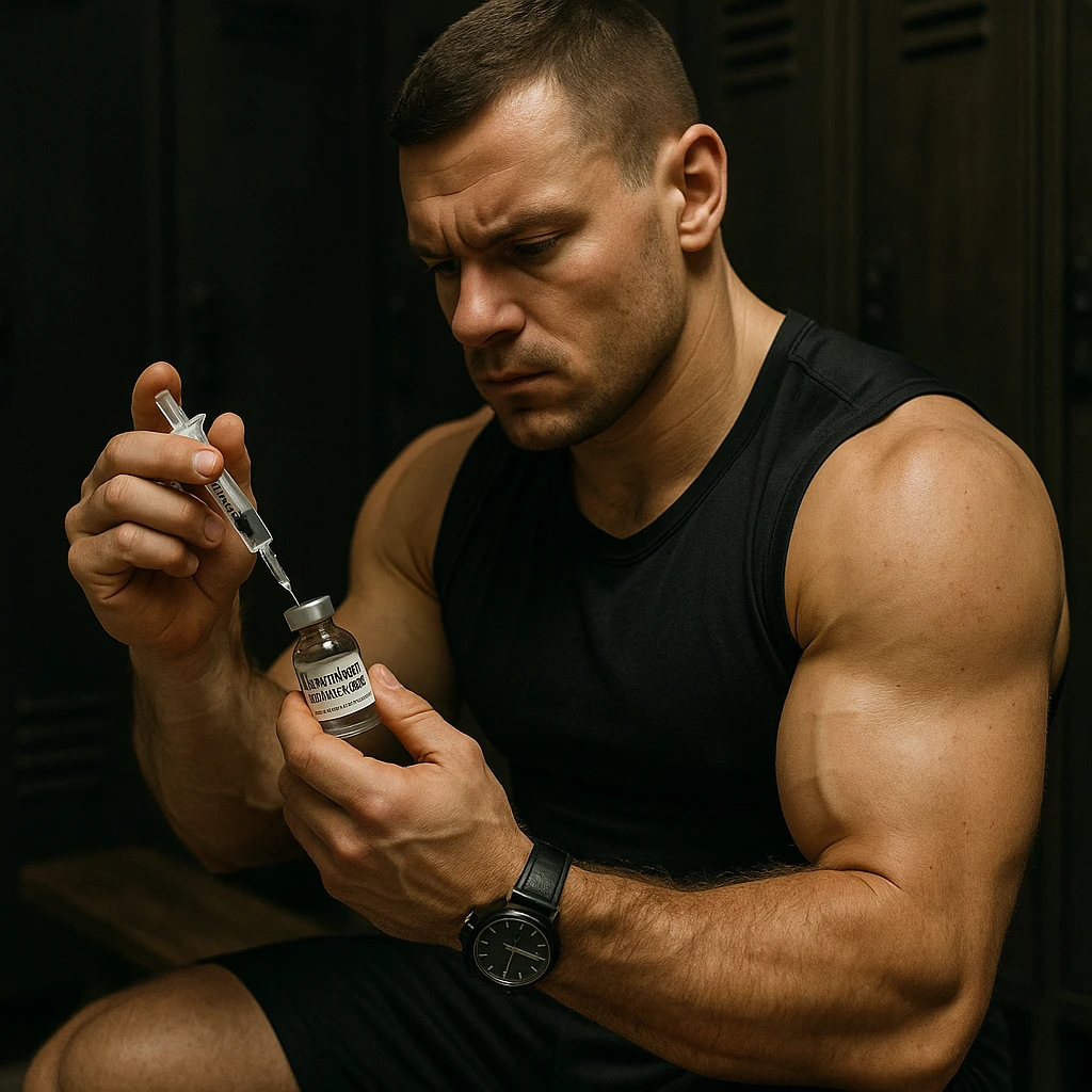European powerlifter in locker room preparing a syringe labeled 'TESTOSTERONE PROPIONATO', concentrated expression, visible watch, secretive atmosphere, realistic details emoji