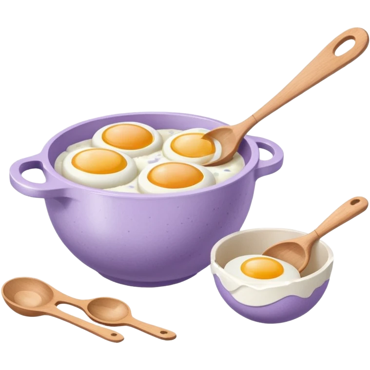 a lilac ceramic mixing bowl with a wooden spoon stirring and sitting next to it is a dozen eggs with the carton lid open emoji