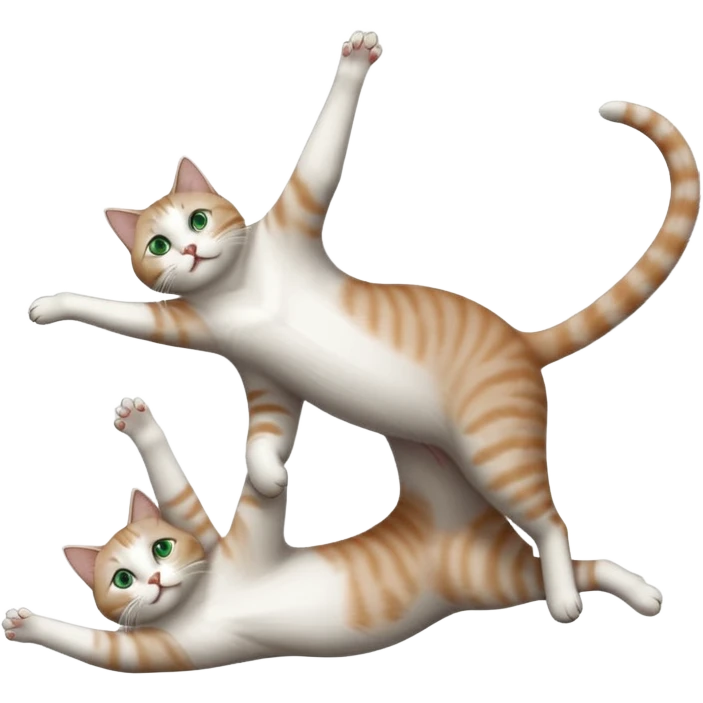 grey and white cat with green eyes doing a big extremely long stretch reaching up into the air with arms and legs side by side together straight and overextended whilst lying on its side emoji