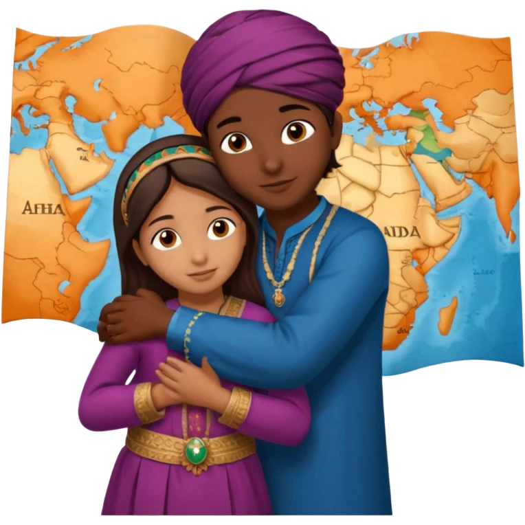 An Afghan girl and Indian boy who are in long distance relationship hug each other from distance.  Afghan girl from on Afghanistan map and boy on India map, they hug each other from this distance. emoji