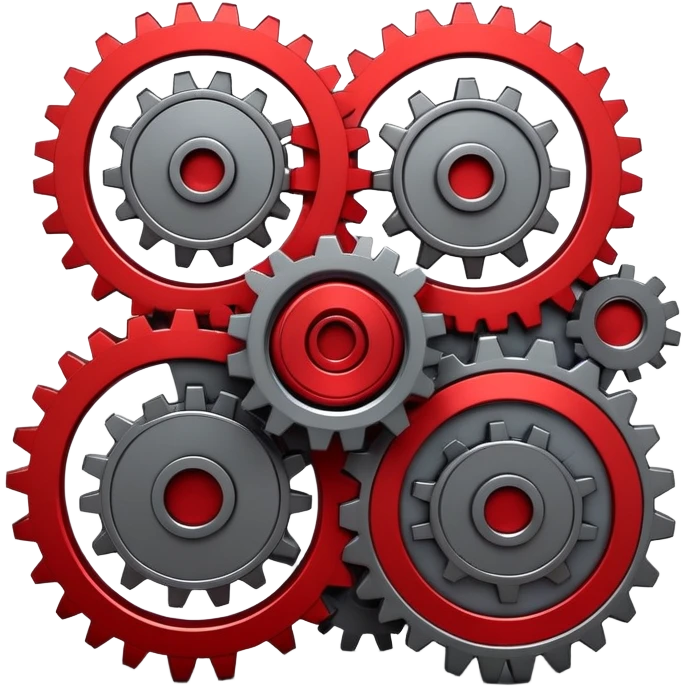 A 3D mechanical generator icon with interconnected gears, modern industrial style, red and gray color scheme, featuring:
- Multiple spinning gears in metallic gray
- Glowing red energy core in the center
- Subtle red light emissions between the gears
- Clean, technical aesthetic
- Smooth metallic textures
- Minimal shadows for depth
- Some gears slightly exposed outside the main frame
--ar 1:1
--style raw
--v 5.2
--no text
--c 15
--q 2 emoji