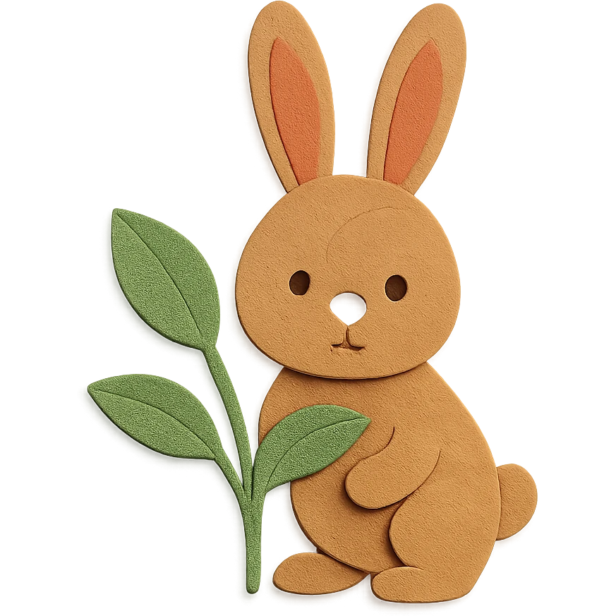 full-body cinnamon bunny peeking behind a plant, paper-craft style, ears even and aligned emoji