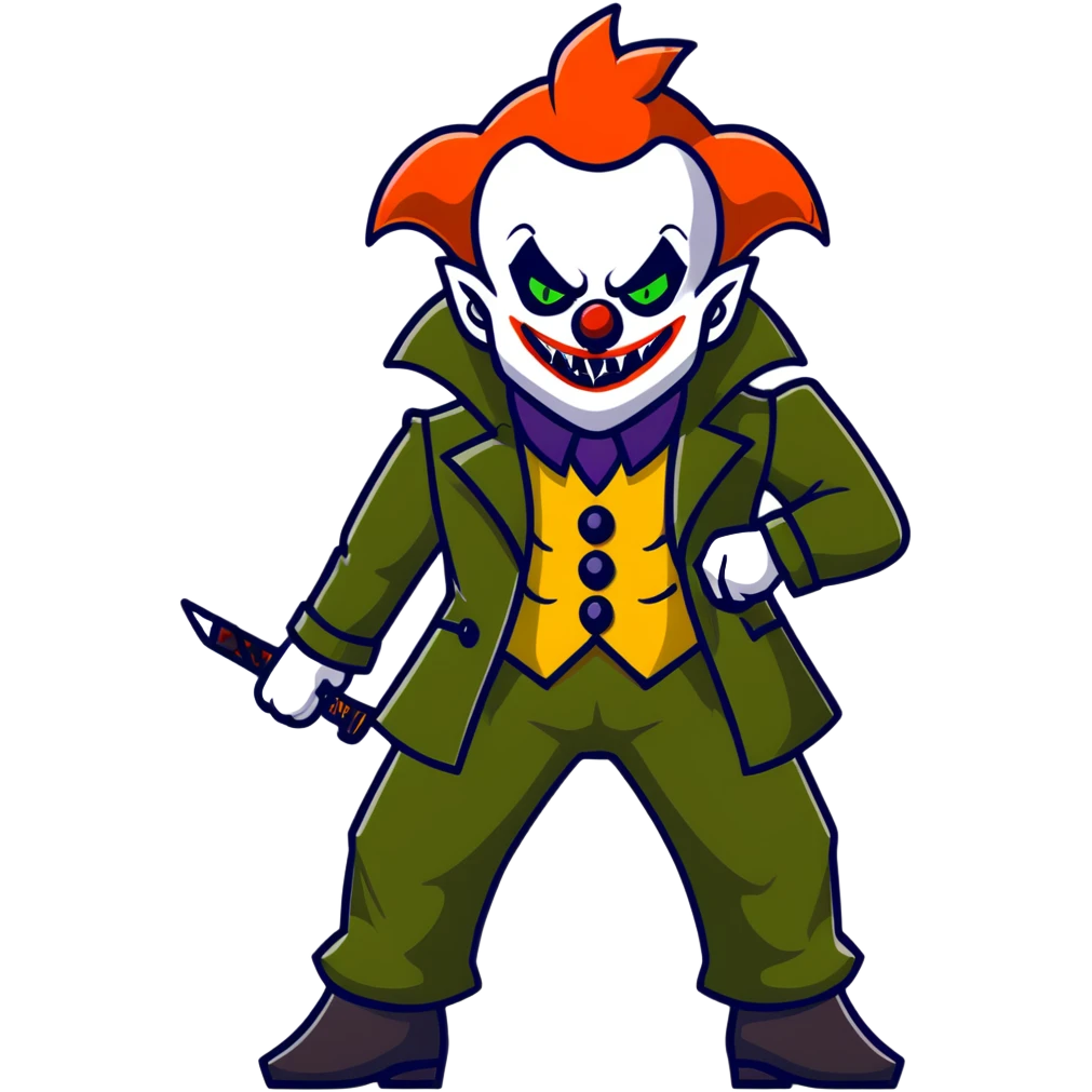 evil clown warrior, bald, small black horns on forehead, fangs, pointed ears, eye patch over one eye, long coat over black and military green leisure suit with bellbottom pants, realistically proportioned, less bulky, full body visible, battle-ready fighting posture emoji