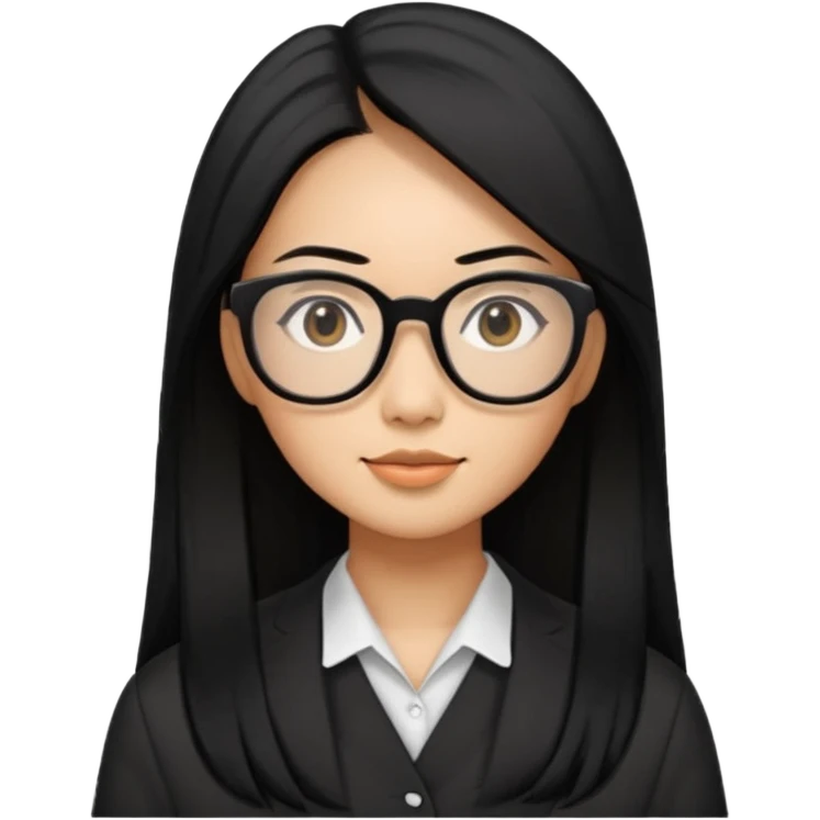 30 yr old asian woman, straight thick long black hair, big black glasses, side part emoji