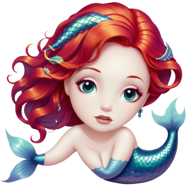 Cinematic Realistic Red Hair Mermaid Portrait, depicted with lifelike porcelain white skin that glows with an ethereal radiance, enhanced by soft underwater lighting. Her intricately detailed, flowing red hair cascades like liquid fire, framing deep, soulful eyes that mirror the mysteries of the deep sea. Accented by shimmering, iridescent scales and delicate aquatic embellishments, the portrait features an enchanting underwater glow that marries realism with mythic ocean elegance. emoji