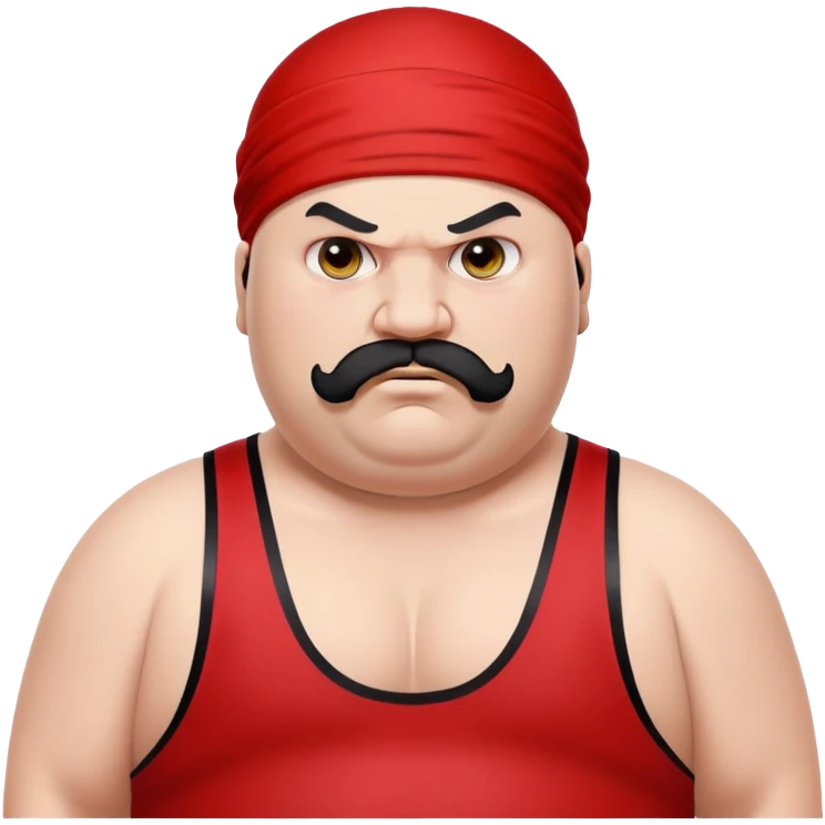 Extreme close-up of face of morbidly obese white skin guy with young face, prominent BLACK DURAG tied clearly on head, distinct black beard and mustache, black eyes in a red and black wrestling singlet with angry expression emoji