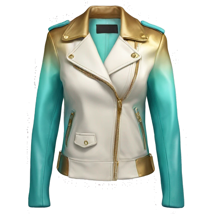 Hyper Realistic side view of an open light tiffany blue,cream and gold ombre feminine fashion leather jacket. emoji