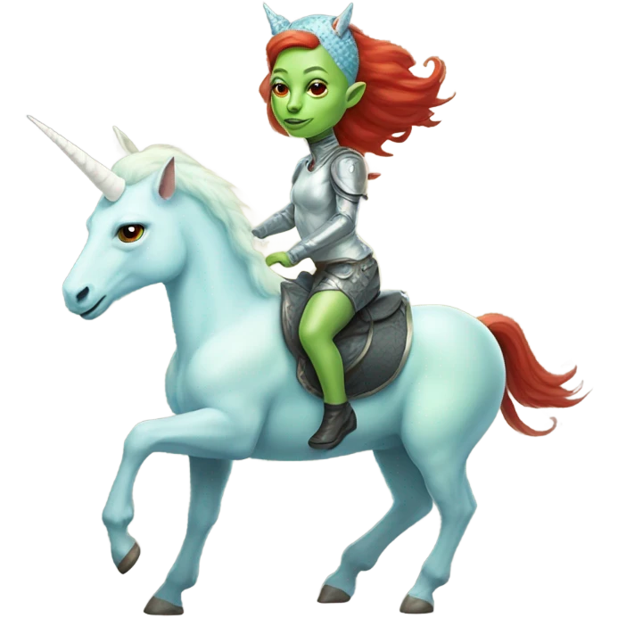 [politically incorrect
	{ woman: alien, color: light green, hair:red, eyes:cat} ]
	on a 
	[{ unicorn: white, legged:four, mane: light blue }] emoji