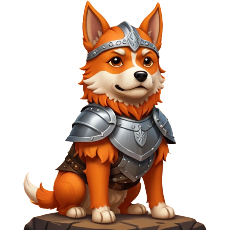 valorous Viking dog in Valhalla, detailed armor, heroic pose, glowing sky emoji