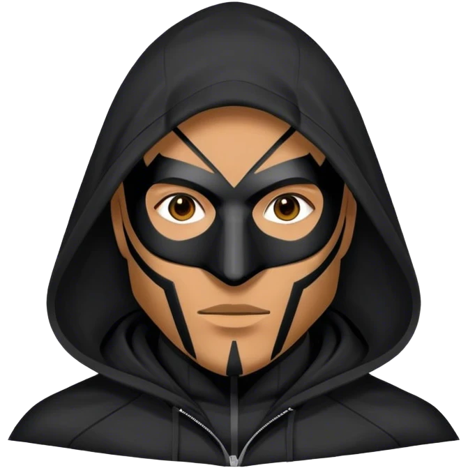 man with black hooded jacket and a full-black full-face geometric mask emoji
