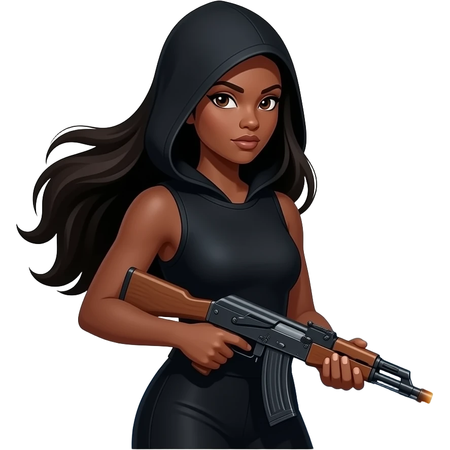 Muejer de tés morena vestida de negro y encapuchada de la cara y pasa montañas con el pelo largo con un rifle con fuego solo se vea de hombros para arriba emoji