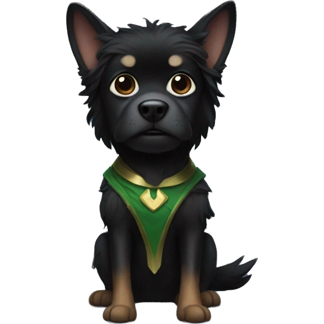 Small hairy black dog with a Loki costume emoji