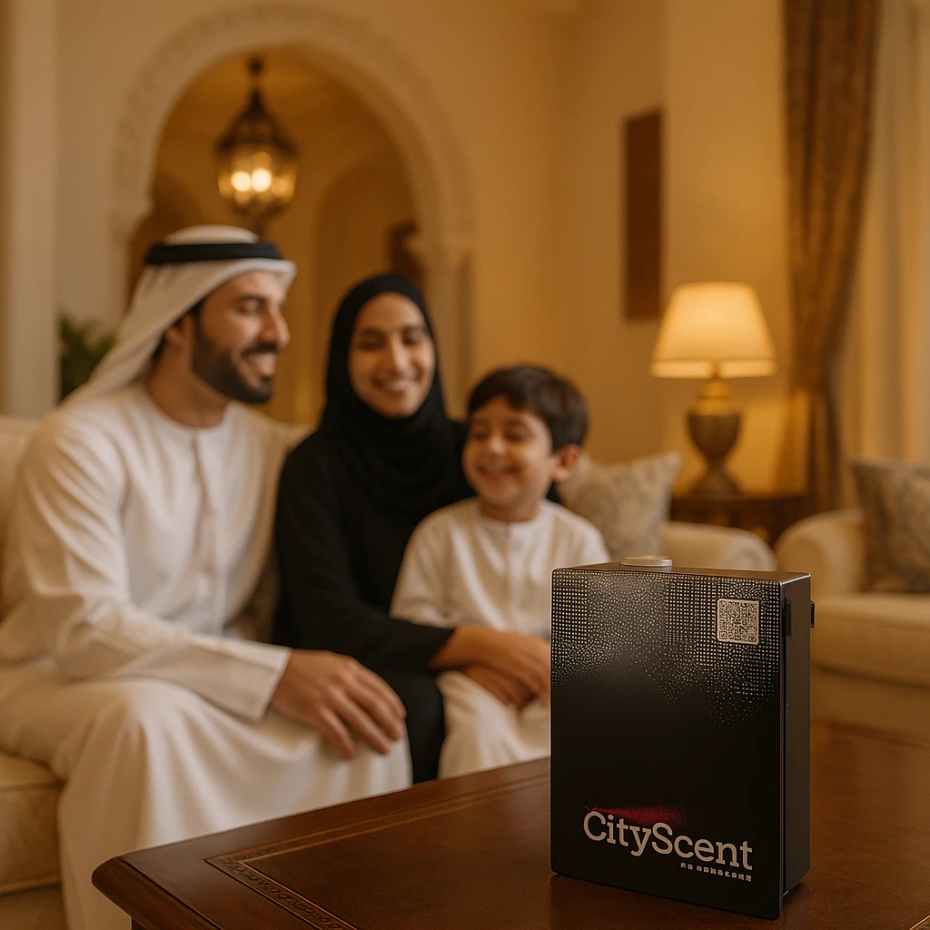Create a vertical (portrait, 9:16 aspect ratio) Instagram Story–style image showing the CityScent air freshener machine on a table in a lavish home. Include a family in traditional Arabic clothing looking comfortable and happy, enjoying the scent. The style is realistic, luxurious, and suitable for social media stories. emoji