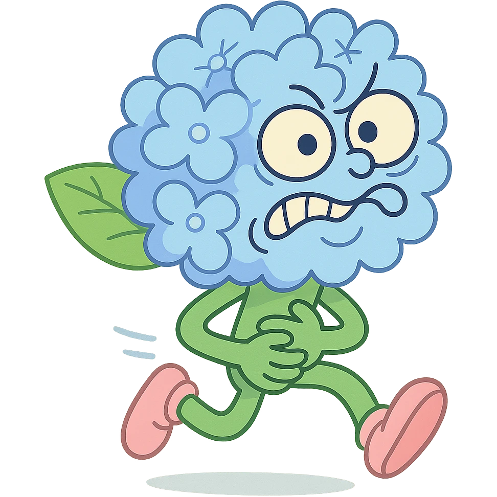 sky blue hydrangea flower with a twisted face and bulging eyes, holding its belly in a desperate toilet run, soft pastel shades, pastel-toon style emoji