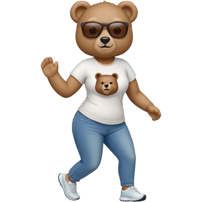 friendly anthropomorphised female bear in jeans and a t-shirt, wearing dark sunglasses, jogging upright in standard pose emoji