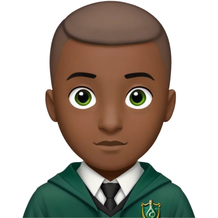 louis cordice is Blaise Zabini in harry potter, wear hogwarts slytherin uniform, Buzz Cut hair, black skin, long face emoji