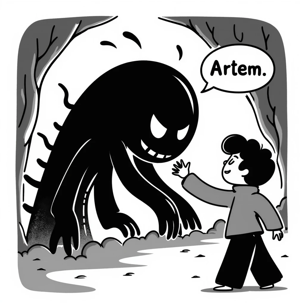 Scary Minecraft Enderman attacking player with username "Artem" floating text, in the dark End dimension with end stone emoji