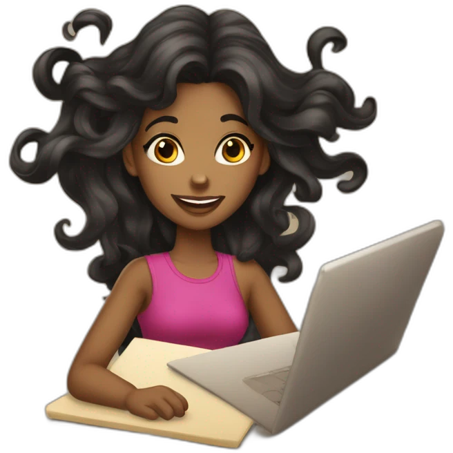 Mulher negra de cabelo ondulado lido com notebook emoji