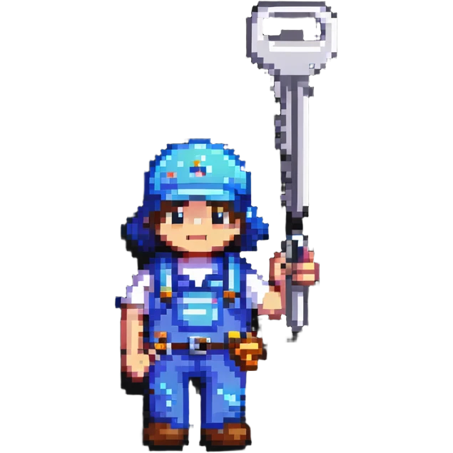 Bright colorful pixel art IT technician holding a car repair tool key emoji