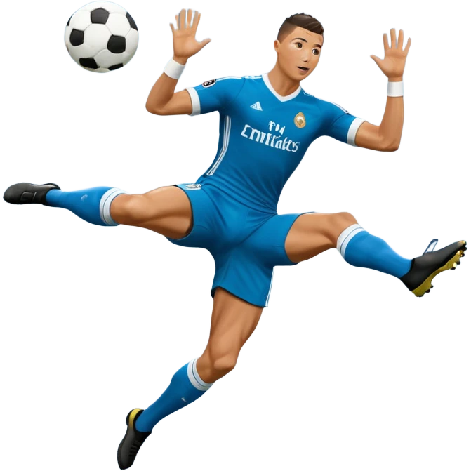 Ronaldo doing a bicycle kick with football in mid air While wearing a Retro blue Real madrid kit and yes i want it to be exactly the same as he Scored it in 2018 vs Juventus  emoji