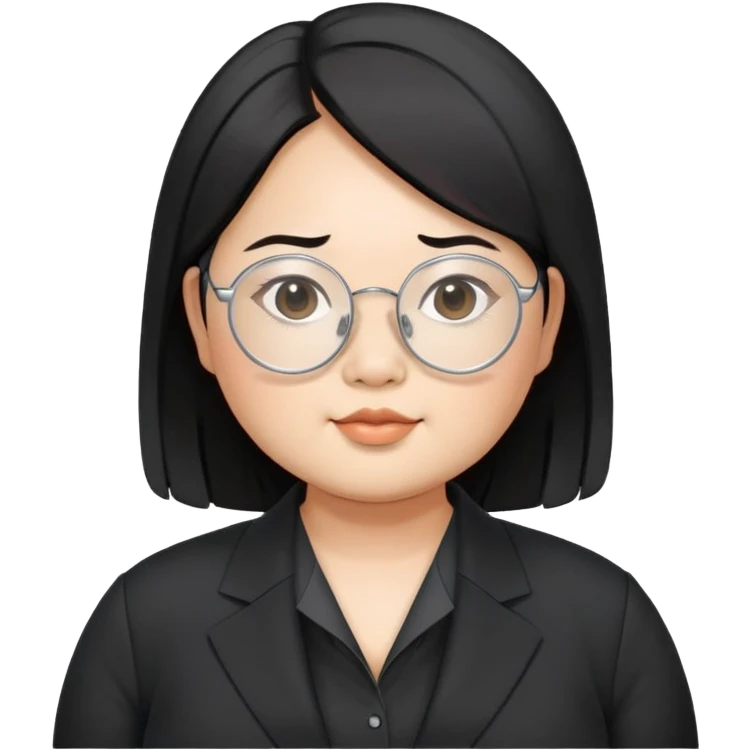chubby asian waman wear thin siver circle glasses  medium black hair wear black suit shirt  emoji