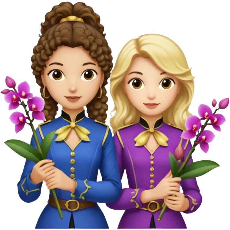 3 female musketeers, one with dark brown curly hair, one with straight blond hair, one eith blond hair on pony tail, all holding orchids emoji