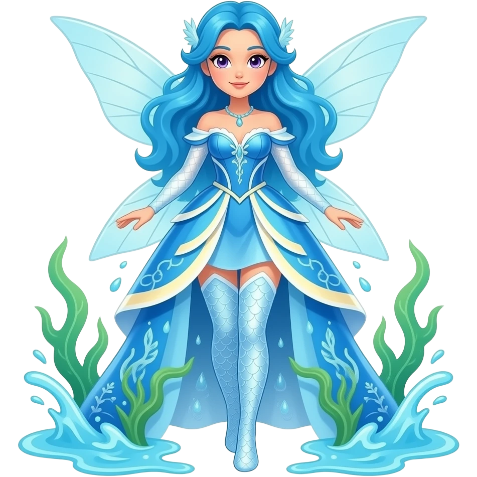 A female water fairy with a full body, blue hair violet eyes and wearing a blue outfit with white and cream yellow accents. emoji