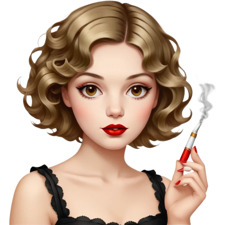 Alluring 1870's French girl french shiny wavy textured bob haircut tousled hair red lips smoking cigarette emoji