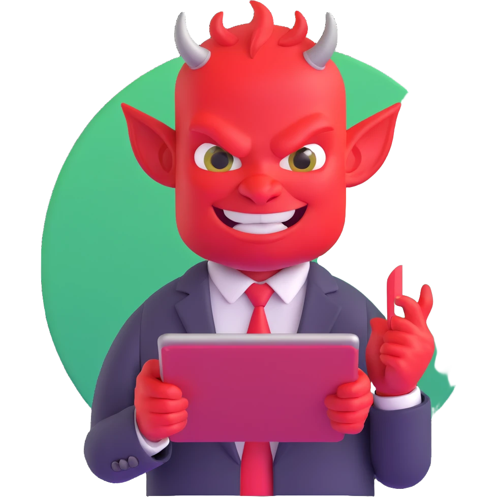red devil in business suit with tablet selling digital courses emoji