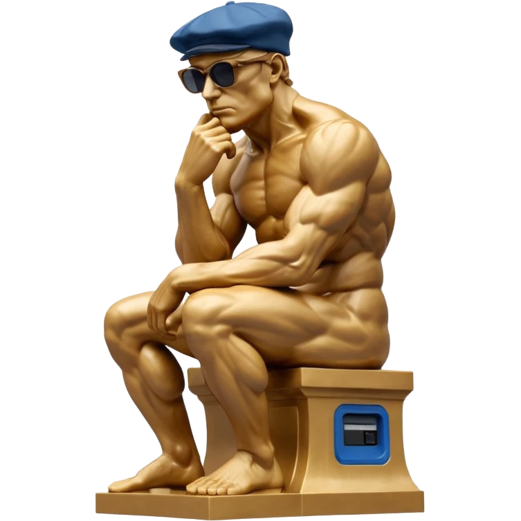A naked man with bulging muscles sits in the pose of Rodin's sculpture “The Thinker” at the Bluetti charging station. emoji