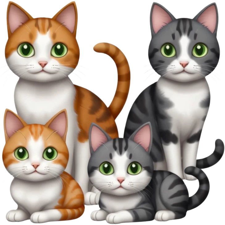 4 different coloured small cats including a dark grey and white, and a patchy calico, and a brown tabby and white,  and a completely solid dark grey with green eyes and only white paws emoji