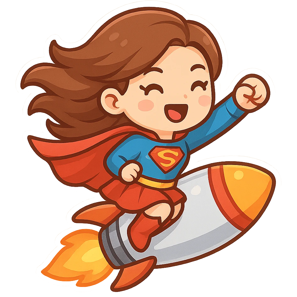 rocket emoji with a superhero lady flying on the rocket, cape flowing, bold and colorful emoji